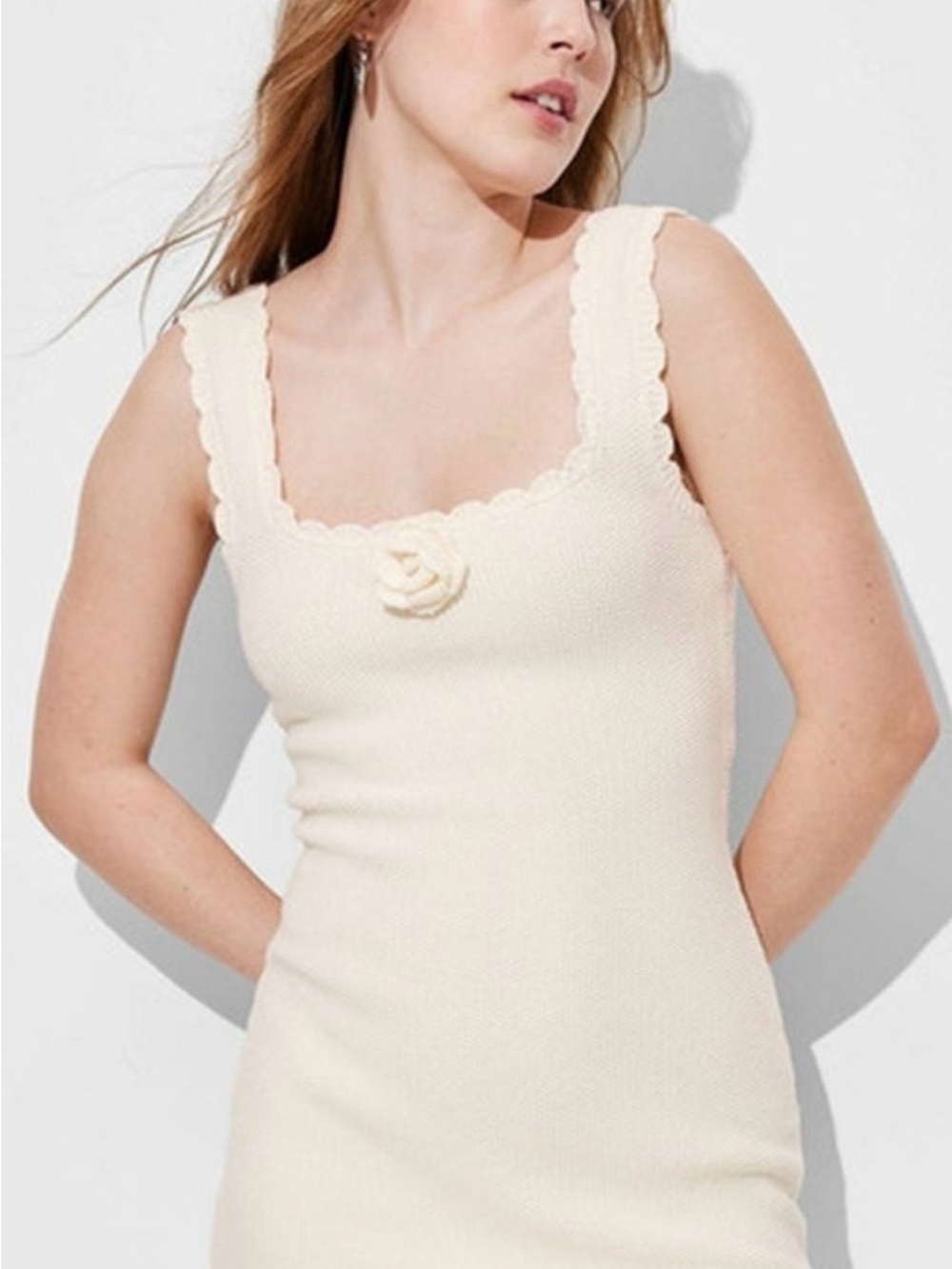 Cream Scallop-Trim Tank Dress with Rosette